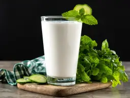 Szklanka orzeźwiającego ayranu, napoju jogurtowego, z plasterkami ogórka i miętą. Idealny na upalne dni.