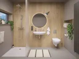 Nowoczesna łazienka z prysznicem z oknem w środku, umywalką, toaletą i drewnianymi akcentami.