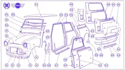 Explosionszeichnung der Karosserieteile eines Mini Cooper mit Nummerierung.
