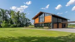 Projekt nowoczesnej stodoły z 5 pokojami i dwustanowiskową wiatą garażową