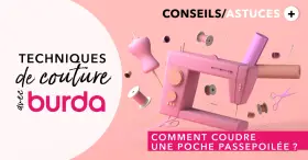 Techniques de couture Burda : comment faire une poche passepoilée. Machine à coudre rose, fils, ciseaux et mannequin de couture.