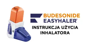 Pomarańczowo-biały inhalator budesonide easyhaler z niebieską nakładką. Obok logo i napis "Instrukcja użycia inhalatora".