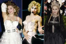 Ikony stylu lat 80. zagraniczne: Madonna w białej sukni, w stroju scenicznym i w czarnej kreacji z welonem.