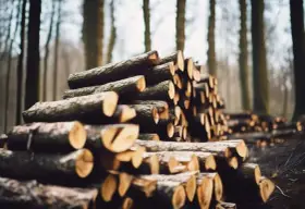 Un tas de frêne bois de chauffage empilé dans une forêt brumeuse, prêt pour l'hiver.