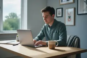 Mężczyzna pracuje na laptopie, przygotowując się do studiów magisterskich online. Na biurku notatnik i kubek kawy.