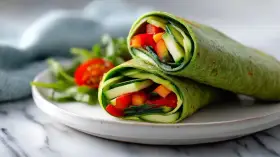 Zielona tortilla z airfryer wypełniona świeżymi warzywami: ogórkiem, papryką i pomidorkami. Pyszna i zdrowa przekąska.