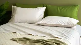 Lenzuola matrimoniali a righe sottili, con federe coordinate e coperta verde. Perfette per ogni letto, le misure lenzuola matrimoniali sono ideali.