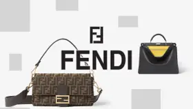 Iconico logo Fendi e due borse iconiche dell'azienda: una baguette marrone con monogramma FF e una borsa nera con interno giallo.