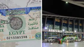 Wiza do Egiptu na paszporcie i nocny widok lotniska z napisem "ARRIVALS".