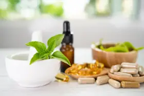 Naturalne suplementy, w tym ashwagandha, wymagają wiedzy, z czym nie łączyć, by uniknąć interakcji. Na zdjęciu zioła, kapsułki i olejki.