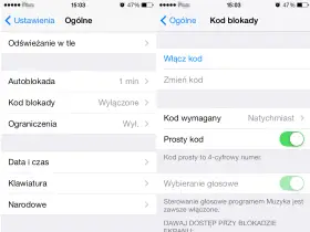 Ustawienia telefonu, sekcja "Ogólne". Widoczny jest "Kod blokady" ustawiony na "Wyłączone". To pierwszy krok, by dowiedzieć się, jak wyłączyć blokadę ekranu.