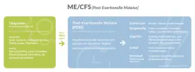 Grafik mit grüner Box "Tätigkeiten" und blauer Box "Post-Exertionelle Malaise [PEM]" mit Symptomen.
