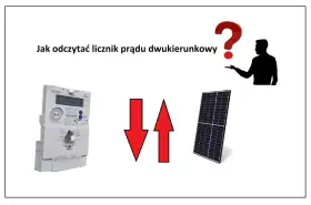 Licznik dwukierunkowy Tauron, panel słoneczny i strzałki pokazujące przepływ energii. Jak odczytać licznik?