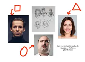 Dessin caricature facile : visages transformés par des formes géométriques. Inspiration pour des portraits amusants.