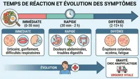 Graphique illustrant les temps de réaction et symptômes d'une allergie, incluant urticaire, troubles digestifs et éruptions cutanées. Une allergie au collagène peut se manifester rapidement ou tardivement.