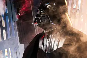 Darth Vader, w otoczeniu dymu i czerwonych świateł, wygląda jakby rzucał **Vader the ultimate incantation**.