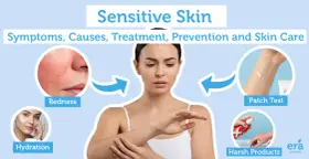 Infographic on sensitive skin, showing redness, hydration, patch testing, and avoiding harsh products. Essential skincare tips for sensitive skin.