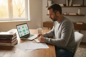 Mężczyzna pochyla się nad notatkami, pracując nad projektem. Na ekranie laptopa schemat blokowy, obok stos książek. To jego codzienne zmagania podczas studiów magisterskich.