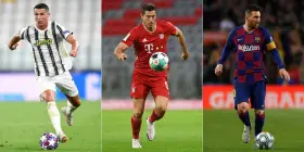Trzej kandydaci do tytułu piłkarz roku FIFA: Cristiano Ronaldo, Robert Lewandowski i Leo Messi w akcji na boisku.