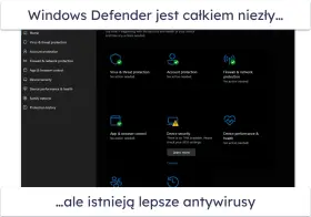 Ekran Windows Defender pokazuje ochronę antywirusową i inne zabezpieczenia. Choć jest dobry, istnieją lepsze antywirusy.