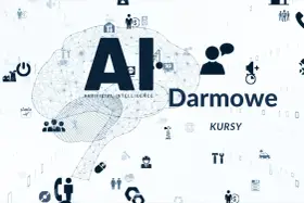 Grafika z mózgiem AI i ikonami symbolizującymi technologię, biznes i naukę. Napis "Darmowe KURSY AI" zachęca do nauki.