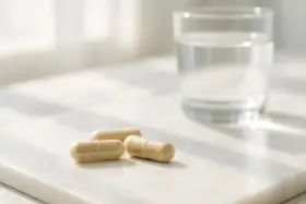 Tre capsule beige e un bicchiere d'acqua su una superficie chiara. Scopri quali sono i probiotici per il tuo benessere.