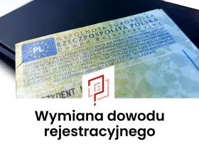 Dowód rejestracyjny pojazdu, symbol graficzny i tekst "Wymiana dowodu rejestracyjnego". Ułatwia to wymianę dowodu rejestracyjnego online.