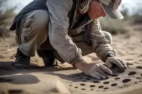 Archeolog w okularach i czapce z daszkiem klęczy na pustyni, badając dłońmi piasek.