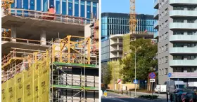 Budowa nowych bloków mieszkalnych we Wrocławiu. Widać rusztowania, dźwig i betonowe konstrukcje. Ceny mieszkań wrocław mogą być wysokie.