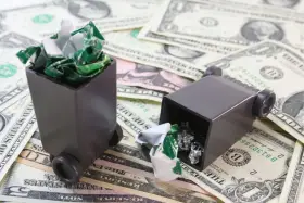 Dwa małe kosze na śmieci wypełnione pogniecionymi papierkami leżą na stosie banknotów dolarowych. Symbolizuje to opłatę za śmieci w miejscu zamieszkania czy zameldowania.