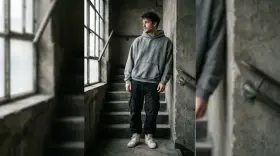 Giovane uomo con felpa oversize e pantaloni cargo scuri appoggiato a un muro di cemento, con scale e finestra sullo sfondo.
