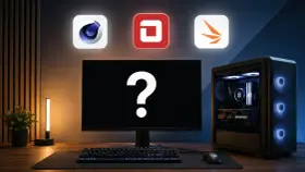 Komputer z podświetlanym chłodzeniem i kartą GeForce RTX, gotowy na test wydajności. Nad monitorem ikony programów: Cinema 4D, DaVinci Resolve, Blender.