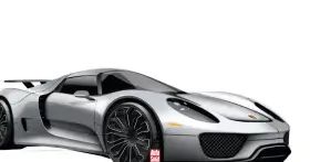Srebrny Porsche 918 Spyder na białym tle, z widocznym logo "Auto Świat".