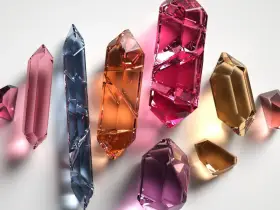 Cristales facetados de diversos tipos de cuarzo: rosa, azul, naranja, fucsia, dorado y amatista, brillan sobre fondo blanco.
