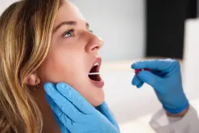 Młoda kobieta z otwartymi ustami, której gardło jest badane patyczkiem do testu strep.