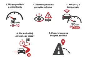 Instrukcja do odcinkowego pomiaru prędkości S7: ustaw prędkość poniżej limitu, obserwuj znaki, korzystaj z tempomatu, nie nadrabiaj czasu, zwróć uwagę na długość odcinka.