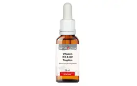 Braune Glasflasche mit Pipette, gefüllt mit Vitamin D3 & K2 Tropfen.