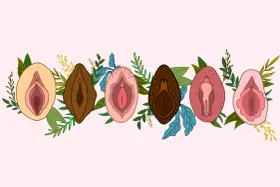 Ilustracja przedstawia różnorodne wargi sromowe otoczone roślinnością, symbolizując naturalne piękno i różnorodność. Plastyka warg sromowych efekty są subtelne i podkreślają indywidualność.