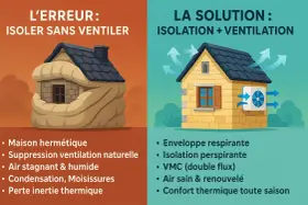 Maison étouffée par l'isolation sans ventilation, contrastant avec une maison aérée et ventilée. L'isolation de la maison est essentielle, mais la ventilation l'est tout autant.