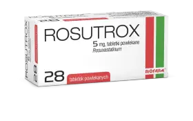 Opakowanie leku Rosutrox 5 mg, zawierające 28 tabletek powlekanych. Producent Biofarm.