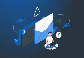 Un hombre con portátil recibe correos sospechosos, una advertencia de qué es phishing.