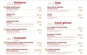 Menu z daniami głównymi, zupami i śniadaniami. Ceny w PLN, np. kotlet schabowy 39,50 PLN.