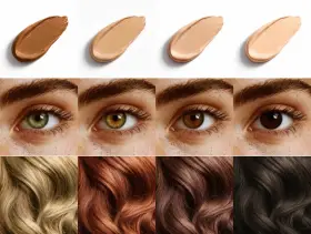 Muestras de bases de maquillaje, ojos y cabello en una paleta de colores cálidos de otoño.