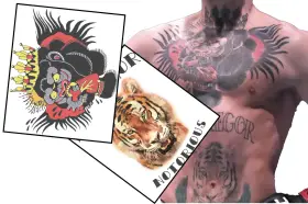 Stylizowany tatuaż mma z głową goryla i tygrysem, obok tatuaż z napisem "NOTORIOUS" i tygrysem na klatce piersiowej.