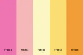 Paleta barw: od gorącego różu, przez melon, cytrynowy szyfon, musztardowy, aż po pomarańczową skórkę. Idealne do projektu z akcentem RAL 1028.