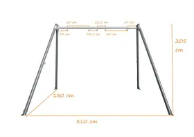 Wymiary huśtawki ogrodowej: szerokość 310 cm, głębokość 180 cm, wysokość 205 cm. Idealna do zrobienia huśtawki.