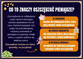 Jak oszczędzać pieniądze? Obraz wyjaśnia, że to odkładanie części pieniędzy zamiast wydawania ich od razu. Można to robić w skarbonce, na koncie bankowym lub w aplikacji mobilnej.