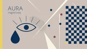 Aura migrenowa: czy migrena oczna jest niebezpieczna? Abstrakcyjny motyw z okiem, łzą i szachownicą.