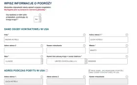 Formularz do wpisania danych podróży i kontaktu w USA, niezbędny do uzyskania wizy do USA.