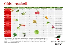 Tabell visar gödsling av grönsaker med urin. Gurka behöver 3 gödslingar, 0,1 liter per gång. Guldvatten till gurka ger bra skörd.